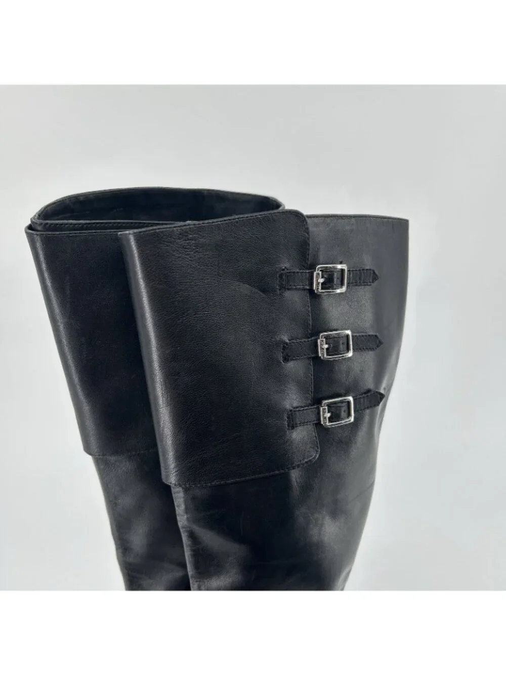 Ralph Lauren Jennison Boots 7.5B Leather Pointed Toe Stiletto Knee High Buckle